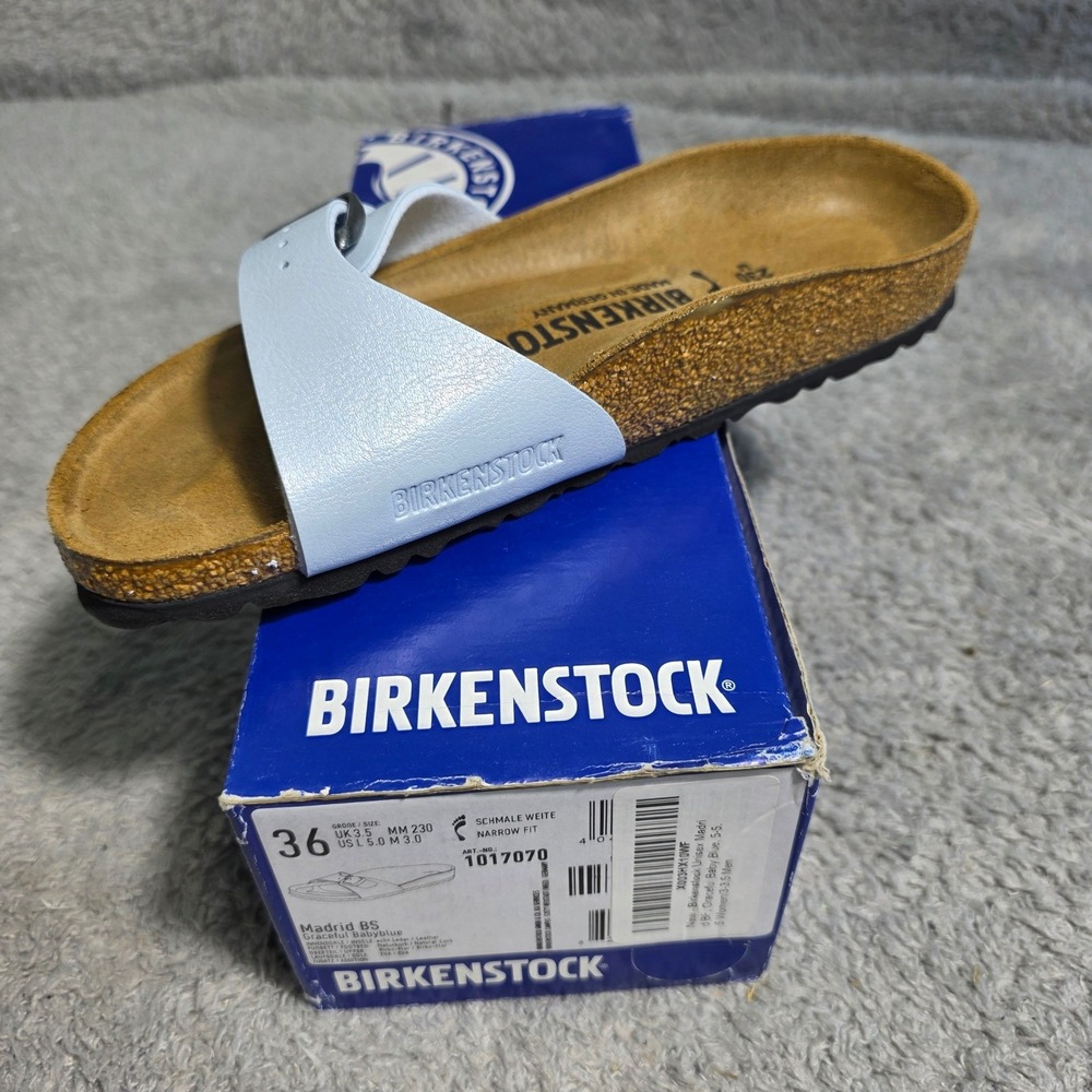 Birkenstock Madrid Big Buckle Narrow Baby Blue Leather Slide Sandals EU 36 5-5.5